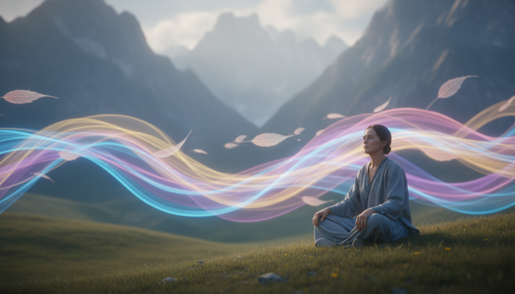 A serene, ethereal landscape illustrates the concept of "mind wanders." In the foreground, a person in modest casual clothing sits cross-legged on a grassy knoll, their expression peaceful yet contemplative, embodying the struggle of distraction. The middle ground features softly flowing streams of colored light and wispy clouds capturing thoughts drifting away like leaves on the wind. In the background, majestic mountains shrouded in mist symbolize the tranquility of mind. Soft, diffused sunlight bathes the scene, creating an inviting atmosphere, while a shallow depth of field blurs the background slightly, keeping the viewer's focus on the thoughts represented by the colors in the middle ground. The overall mood is calm and reflective, inviting exploration of the wandering mind.