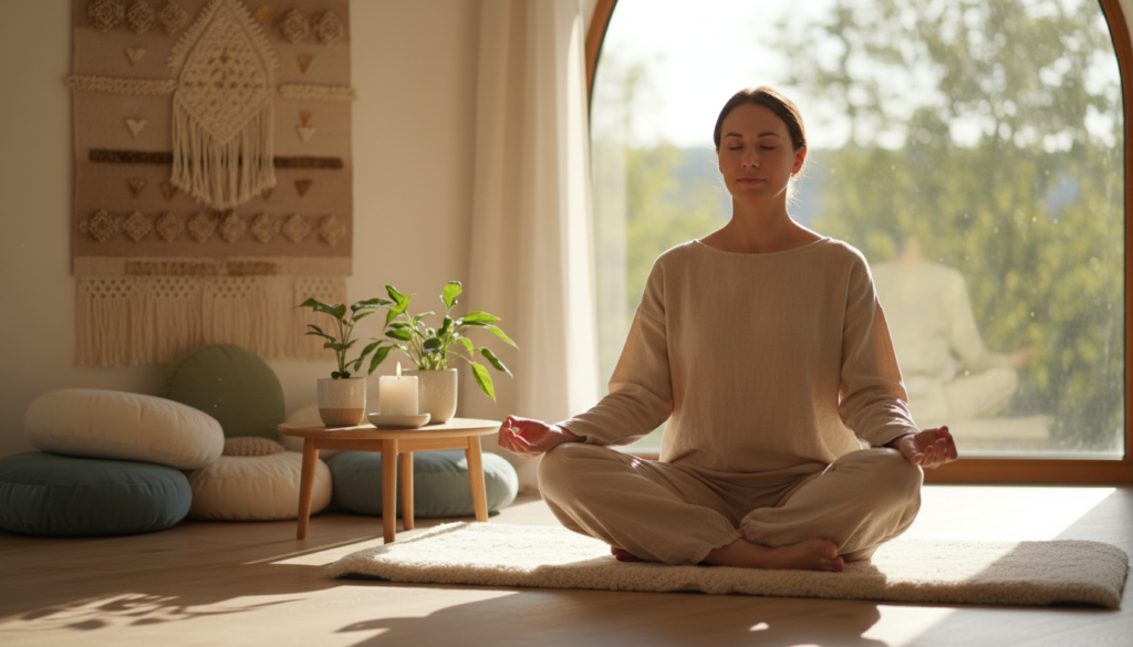 A serene indoor setting for daily meditation practice, featuring a peaceful individual sitting cross-legged on a soft, light-colored yoga mat. The person, dressed in comfortable, modest casual clothing, embodies a sense of calm and focus with eyes gently closed. In the foreground, a small table holds a lit candle and a few vibrant green plants, enhancing the tranquil atmosphere. The middle ground reveals soft cushions and a gentle tapestry hanging on the wall, while the background showcases a sunlit window through which natural light spills, casting a warm glow across the room. The overall mood is one of stillness and mindfulness, evoking a sense of inner peace and dedication to the practice.