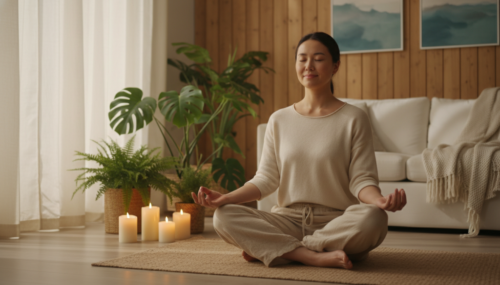 A serene indoor space bathed in soft, warm light filtering through sheer curtains. In the foreground, a person of Asian descent, dressed in comfortable, modest casual clothing, sits cross-legged on a yoga mat, eyes gently closed, embodying tranquility as they practice breath meditation. Their hands rest on their knees, palms up, radiating a sense of calm. In the middle ground, potted plants and faintly glowing candles create a peaceful ambiance, enhancing the feeling of solitude. The background features a minimalist decor, with calming colors and textures such as wood and soft fabrics. The atmosphere is quiet and introspective, evoking a sense of stillness. The shot is from a slightly elevated angle, focusing on the person's expression and the inviting environment, designed to inspire moments of reflection and inner peace.