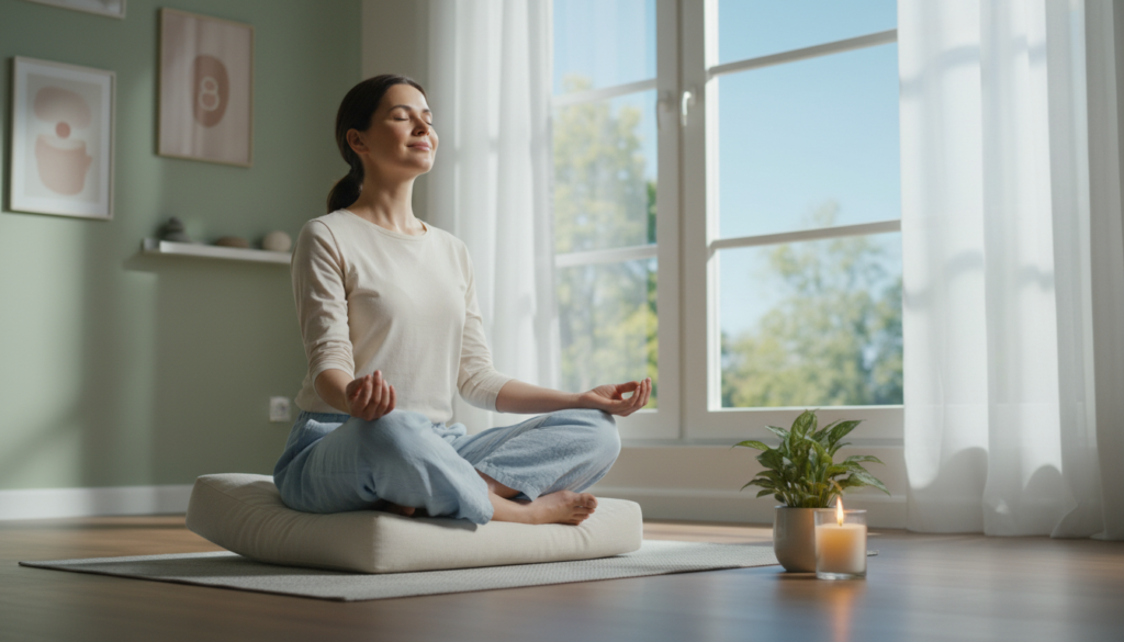 A serene indoor space designed for meditation, featuring a person sitting cross-legged on a soft, neutral-colored meditation mat. The person is dressed in comfortable, modest casual clothing, focusing on their breath with closed eyes and a calm expression. In the foreground, a small potted plant and a lit candle create a soothing atmosphere. The middle ground showcases a large window with soft natural light pouring in, illuminating the space and casting gentle shadows. The background includes soft, soothing colors with minimalistic decor, enhancing the meditative feel. The overall mood is tranquil and calming, emphasizing relaxation and mindfulness in a beginner-friendly breath practice setting. The angle is slightly elevated to capture the intimacy of the practice while keeping the environment inviting and warm. A serene indoor space designed for meditation, featuring a person sitting cross-legged on a soft, neutral-colored meditation mat. The person is dressed in comfortable, modest casual clothing, focusing on their breath with closed eyes and a calm expression. In the foreground, a small potted plant and a lit candle create a soothing atmosphere. The middle ground showcases a large window with soft natural light pouring in, illuminating the space and casting gentle shadows. The background includes soft, soothing colors with minimalistic decor, enhancing the meditative feel. The overall mood is tranquil and calming, emphasizing relaxation and mindfulness in a beginner-friendly breath practice setting. The angle is slightly elevated to capture the intimacy of the practice while keeping the environment inviting and warm.