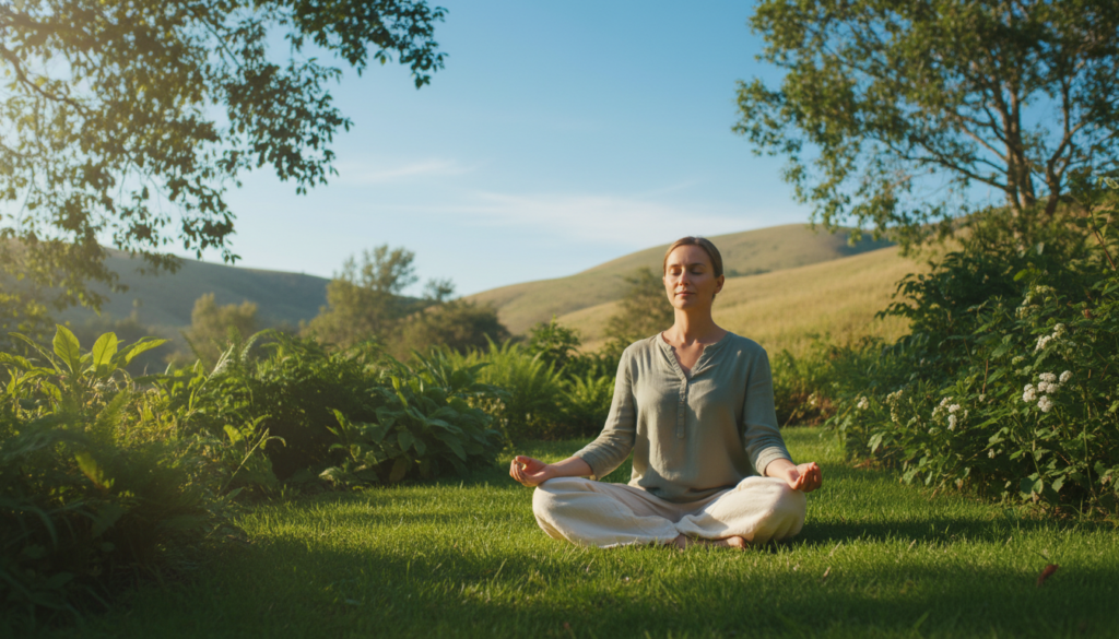 A serene scene depicting an individual practicing breath meditation outdoors, positioned in the foreground with a calm expression. The person is seated cross-legged on a soft patch of grass, wearing comfortable, modest casual clothing. In the middle ground, lush greenery surrounds them, with gentle sunlight filtering through the leaves, casting dappled shadows. The background features soft, rolling hills that evoke a sense of tranquility, complete with a clear blue sky. The lighting is warm and inviting, creating a peaceful and meditative atmosphere. The camera angle is slightly elevated, capturing both the subject and the serene environment, emphasizing harmony and stillness amidst nature.