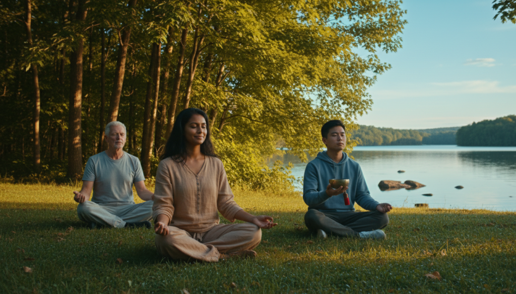 A serene scene depicting mindfulness meditation in a tranquil outdoor setting. In the foreground, a diverse group of three people in modest, casual clothing sits cross-legged on soft grass, their eyes gently closed, embodying focus and tranquility. One person is practicing visualization, another is engaged in body scan technique, and the third is using sound awareness. In the middle ground, lush trees create a soothing backdrop, with soft sunlight filtering through the leaves, casting dappled patterns on the ground. The background features a calm lake, reflecting the clear blue sky, enhancing the sense of peace. The overall atmosphere is serene and introspective, inviting viewers to embrace mindfulness as a practice. The lighting is warm and golden, creating a harmonious, inviting environment. A serene scene depicting mindfulness meditation in a tranquil outdoor setting. In the foreground, a diverse group of three people in modest, casual clothing sits cross-legged on soft grass, their eyes gently closed, embodying focus and tranquility. One person is practicing visualization, another is engaged in body scan technique, and the third is using sound awareness. In the middle ground, lush trees create a soothing backdrop, with soft sunlight filtering through the leaves, casting dappled patterns on the ground. The background features a calm lake, reflecting the clear blue sky, enhancing the sense of peace. The overall atmosphere is serene and introspective, inviting viewers to embrace mindfulness as a practice. The lighting is warm and golden, creating a harmonious, inviting environment.