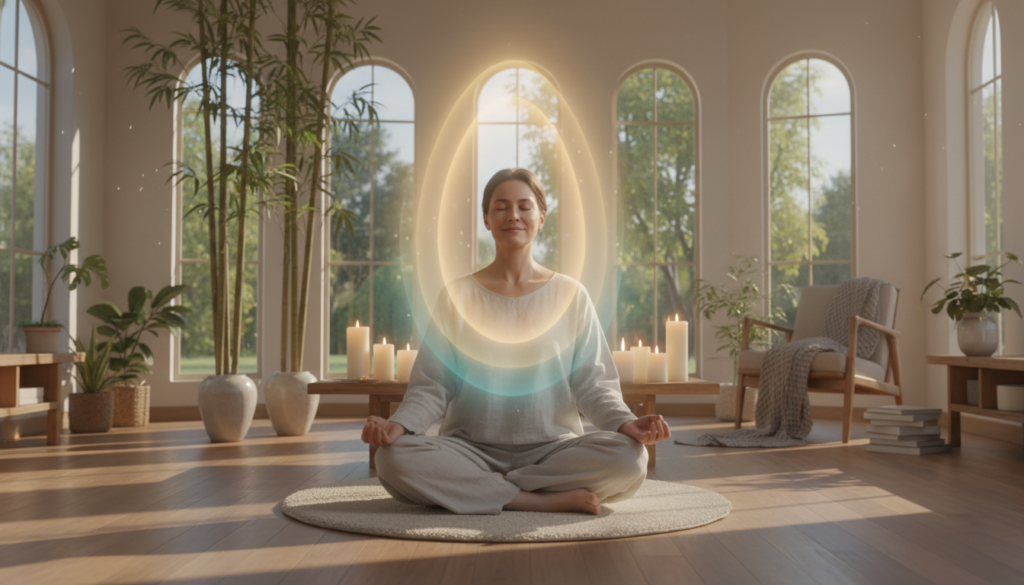 A serene indoor environment showcasing the benefits of meditation. In the foreground, a person sitting cross-legged on a soft, plush mat, dressed in comfortable, modest clothing, with eyes closed and a calm expression, radiating tranquility. In the middle, a softly glowing aura surrounding them, symbolizing mental clarity and emotional well-being, with organic elements like bamboo plants and candles enhancing the peaceful vibe. The background features a gently lit room with large windows, letting in warm, natural light, creating a cozy atmosphere. Soft shadows play across the room, invoking feelings of calmness and reflection. The overall mood is uplifting and serene, highlighting the profound impact of regular meditation on both mind and body.