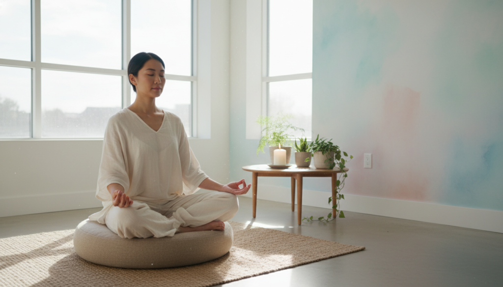 A serene indoor meditation space bathed in soft, natural light filtering through large windows. In the foreground, a person of Asian descent sits cross-legged on a plush meditation cushion, wearing modest, comfortable clothing. Their hands rest gently on their knees, palms up, embodying a state of mindfulness and calmness. In the middle ground, a small table holds a burning candle and a few potted plants, adding a touch of tranquility. The background features a softly painted wall in pastel tones, enhancing the peaceful atmosphere. The overall mood is one of serenity and focus, inviting viewers to embrace meditation and breathing practices for mental clarity and well-being. The angle is slightly elevated, providing a warm and inviting view of the scene.