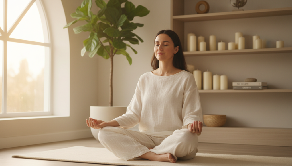 A serene indoor space dedicated to breath practice, featuring a calm individual seated on a soft yoga mat. In the foreground, the person, dressed in modest, comfortable clothing, sits cross-legged with a gentle smile, eyes closed in peaceful meditation. The middle ground includes soft, diffused natural light coming from a nearby window, casting a warm glow on a small indoor plant, symbolizing growth and tranquility. In the background, a simple bookshelf with calming decor, such as candles and inspirational books, contributes to the peaceful ambiance. The overall mood is tranquil and reflective, inviting a sense of inner calm amidst the chaos of the outside world. The image is captured with a soft focus lens to enhance the soothing atmosphere.