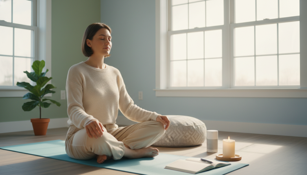 A serene indoor space designed for guided meditation, featuring a soft, light-filled room with large windows letting in gentle natural light. In the foreground, a person in modest casual clothing sits comfortably on a yoga mat, eyes gently closed, embodying a state of peaceful introspection. Surrounding them are elements of tranquility, like a small indoor plant, a softly glowing candle, and a mindfulness journal. In the middle ground, a softly colored meditation cushion and a subtle audio device suggest a focus on sound for support. The background showcases calming colors on the walls, enhancing the atmosphere of serenity. The light casts a warm glow, creating a nurturing, inviting mood that encourages observation of thoughts without attachment. The angle is slightly elevated, providing a comprehensive view of the meditative space.