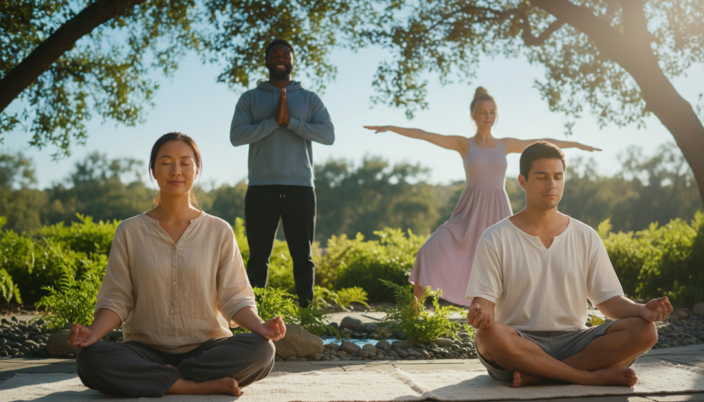 A serene meditation scene depicting a diverse group of four individuals engaged in mindfulness practices in a sunlit, tranquil setting. In the foreground, a calm Asian woman in modest casual clothing sits cross-legged on a soft mat, her expression reflecting deep attention and focus. In the middle ground, an African American man practices deep breathing, surrounded by gentle greenery and smooth stones, creating a natural, grounding environment. The background features soft, blurred silhouettes of trees and a clear blue sky, enhancing the peaceful atmosphere. Soft golden hour lighting casts a warm glow on the scene, evoking a sense of serenity and mindfulness, with subtle reflections of sunlight filtering through leaves, inviting viewers to feel the essence of attention and presence.