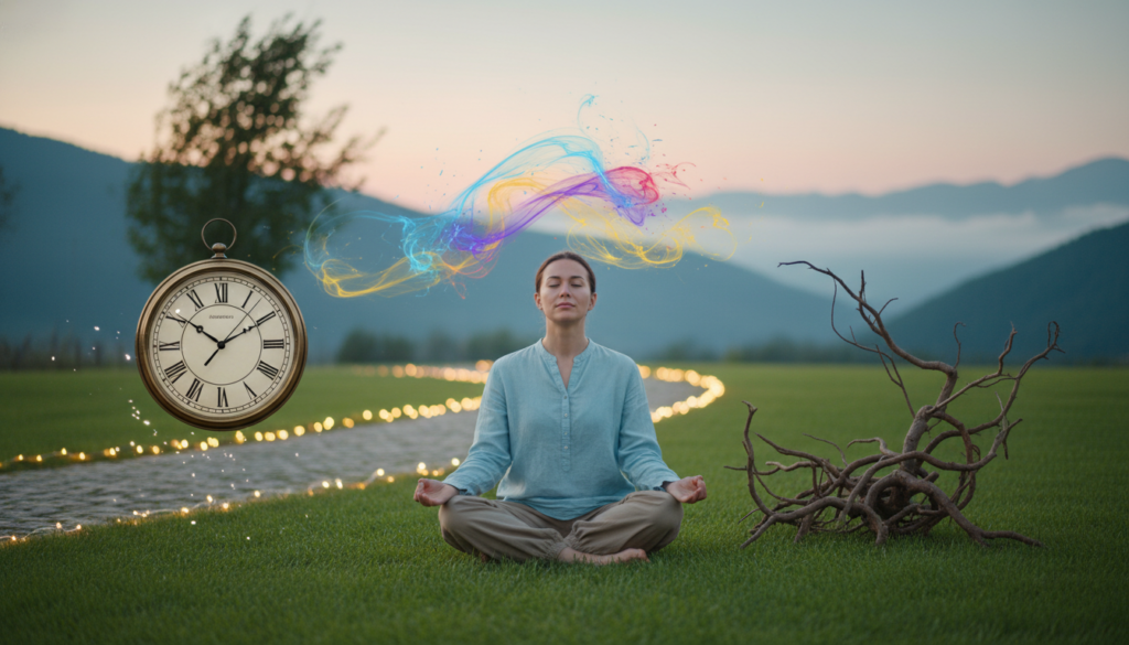A serene meditation scene illustrating "meditation roadblocks." In the foreground, a peaceful figure in modest casual clothing sits cross-legged on a vibrant green grass patch, appearing thoughtful yet slightly distracted. Surrounding them are symbolic representations of common roadblocks: a looming clock, tangled roots, swirling thoughts depicted as colorful wisps, and a gentle wind rustling leaves. The middle ground shows a tranquil pathway lined with soft, warm lights illuminating the way forward, leading into the background where a soft, blurred landscape of mountains and a calming sky meets the horizon. The lighting is soft and diffused, casting a tranquil glow, evoking a sense of calm and introspection, while a shallow depth of field emphasizes the foreground elements. The overall mood conveys peaceful struggle, highlighting the journey toward inner quiet amidst distractions.