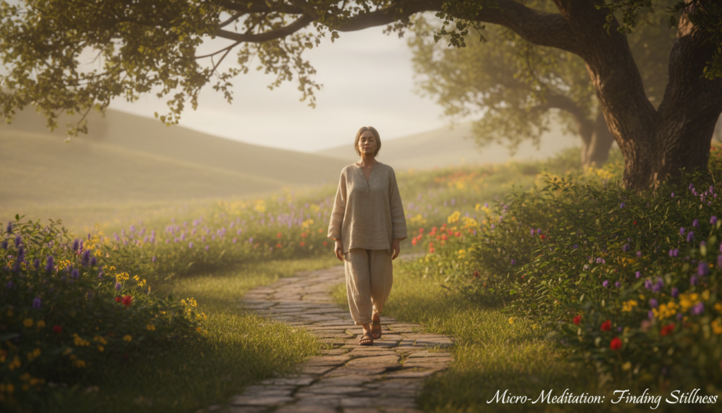 A serene scene depicting a person practicing walking meditation in a tranquil park. The foreground features an individual in modest casual clothing, calmly walking on a winding path, eyes gently closed, embodying mindfulness. In the middle ground, lush greenery surrounds the path, with soft, diffused sunlight filtering through the leaves, creating dappled light effects. The background shows gentle hills, with patches of wildflowers adding bursts of color, enhancing the peaceful atmosphere. The image captures a sense of stillness and inner calm, inviting the viewer to reflect on the practice of micro-meditation. Use a soft focus lens with warm, inviting tones to evoke a sense of tranquility and connection to nature.